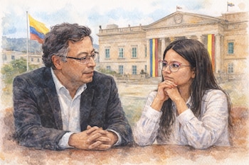 Ilustración en acuarela de Gustavo Petro y Angie Rodríguez sentados a una mesa con la Casa de Nariño y la bandera de Colombia de fondo.