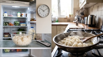 Un tazón de vidrio con arroz y un termómetro en un refrigerador, junto a una sartén con arroz humeante sobre la estufa.