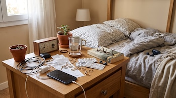 Mesa de madera con un teléfono, cables, recibos, medicamentos, gafas, un libro y un vaso de agua junto a una cama.