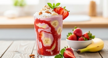 Un vaso de batido de fresa y plátano con remolinos rojos, adornado con crema batida, fresas, almendras laminadas y hojas de menta, sobre una mesa de madera.