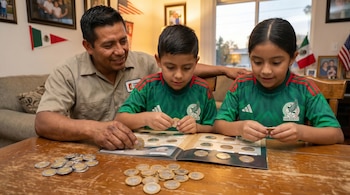 Un padre y sus dos hijos, con camisetas de México, insertan monedas del Mundial en un álbum. Montones de monedas doradas y plateadas están en la mesa de madera.