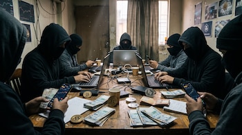 Personas con pasamontañas operan computadoras y teléfonos sobre una mesa con fajos de billetes y monedas virtuales.