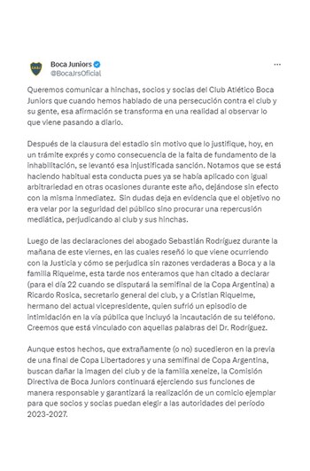 El comunicado de Boca Juniors