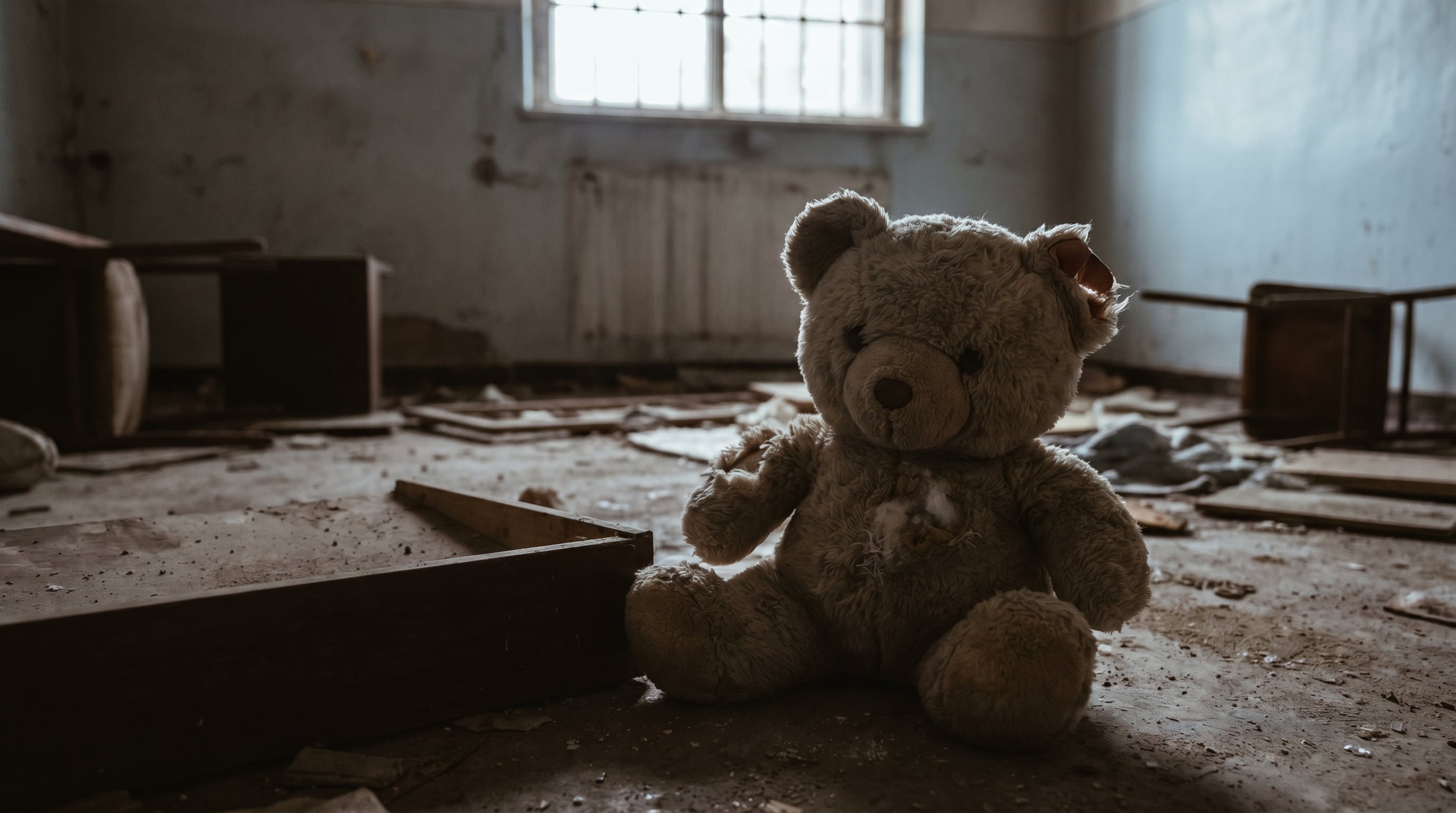 Un osito de peluche viejo y desgastado, con una oreja rasgada y costuras abiertas, descansa en el suelo polvoriento de una habitación oscura y desordenada, iluminada por una ventana alta con rejas. (Imagen Ilustrativa Infobae)