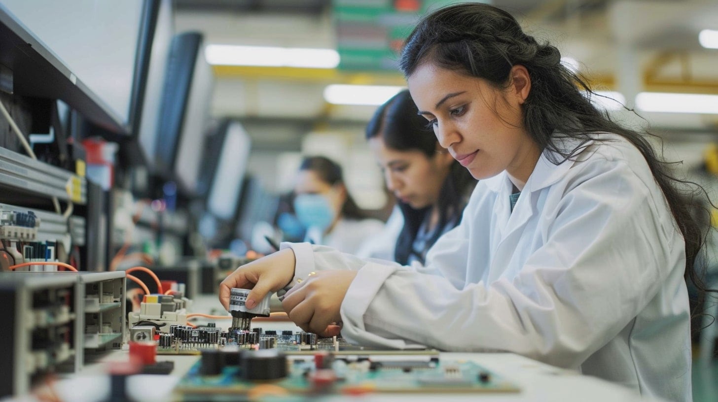 Mujer hispana profesional técnica soldando una placa electrónica con precisión y habilidades especializadas. - (Imagen Ilustrativa Infobae)