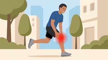 Ilustración de persona con remera azul y shorts negros que se sujeta la rodilla derecha con un área roja, en un entorno urbano con edificios y árboles.