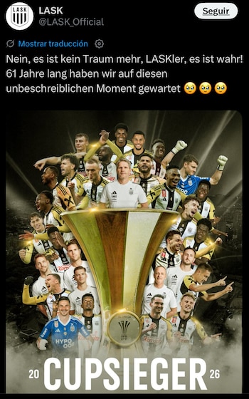 El LASK Linz rompe una sequía de 61 años y conquista la Copa de Austria 2026 con Andrade como figura. (X/ @LASK_Official)