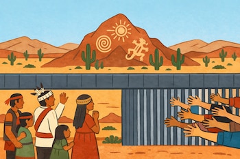 Un desierto con montañas y cactus, un muro fronterizo gris que divide una comunidad indígena con tocados de plumas de un grupo de manos extendidas.