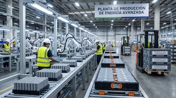 Trabajadores y robots ensamblan baterías de litio en una planta de fabricación, con líneas de producción y un montacargas moviendo cajas de baterías.