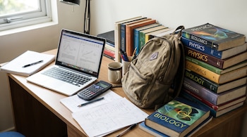 Una mesa de estudio con una laptop abierta mostrando gráficos, una calculadora, papeles con fórmulas, una mochila beige y varias pilas de libros académicos.