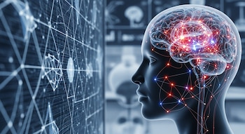 Cabeza humana transparente de perfil con cerebro iluminado por sinapsis rojas y azules, frente a una pantalla con líneas y patrones geométricos.