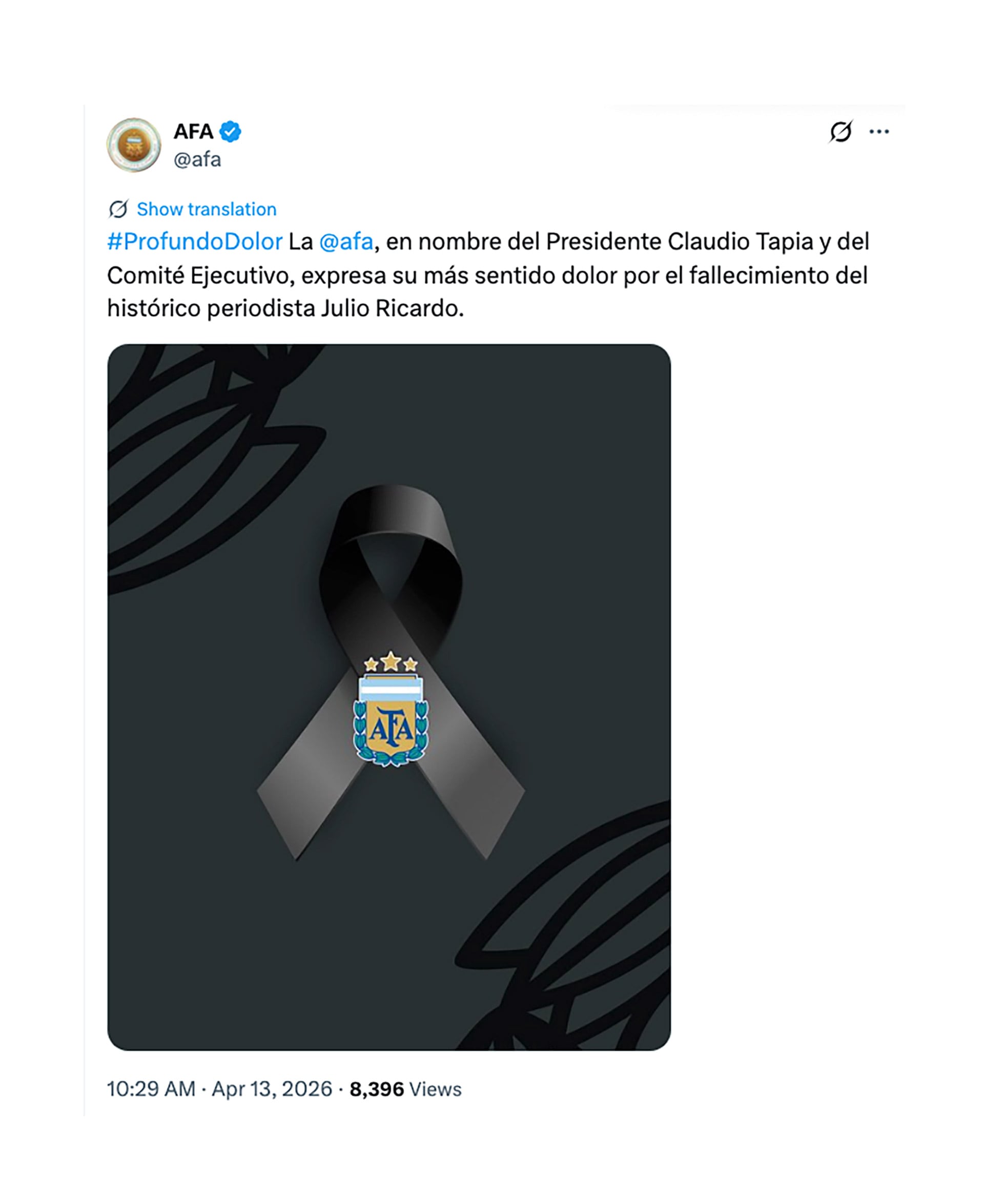 El saludo de la AFA a Julio Ricardo