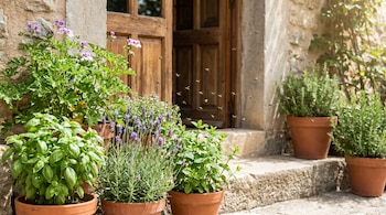 Plantas de albahaca, lavanda, menta, romero y geranios en macetas sobre escalones de piedra frente a una puerta de madera; pequeñas moscas revolotean.