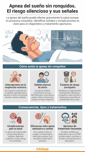 Infográfico mostrando um homem deitado na cama com vias aéreas proeminentes, mostrando insuficiência respiratória, sinais, fatores de risco e tratamento.