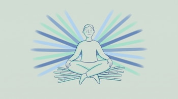 Ilustración plana de una persona con ojos cerrados sentada en posición de loto sobre troncos de colihue, con rayas azules y verdes menta emanando por detrás.