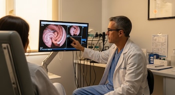 Médico argentino de 58 años con bata blanca y gafas señala un monitor con imágenes de videocolonoscopia. Una paciente sentada lo observa en el consultorio.