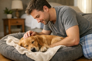 Hombre en camiseta gris y pantalones de pijama de cuadros, acariciando suavemente la cabeza de un perro golden retriever dormido en una cama de felpa gris.