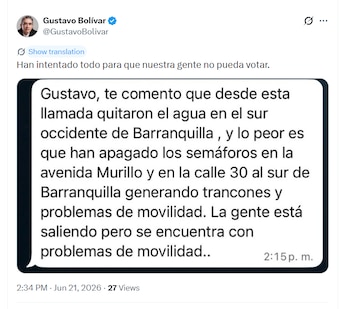 Gustavo Bolívar respaldó las denuncias y sostuvo que se estaban presentando obstáculos que impedían a algunos ciudadanos ejercer su derecho al voto - crédito @GustavoBolivar/X