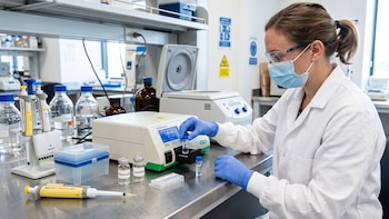 Una mujer con bata blanca, mascarilla y guantes azules introduce un pequeño tubo en un dispositivo sobre una mesa de laboratorio
