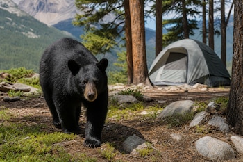Un oso negro camina sobre el suelo de un bosque frente a una carpa gris colocada entre árboles y montañas.