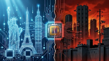 Ilustración dividida: izquierda azul luminosa con hitos democráticos y circuitos, derecha roja oscura con edificios, cámaras de vigilancia y circuitos rojos; un chip central los divide.