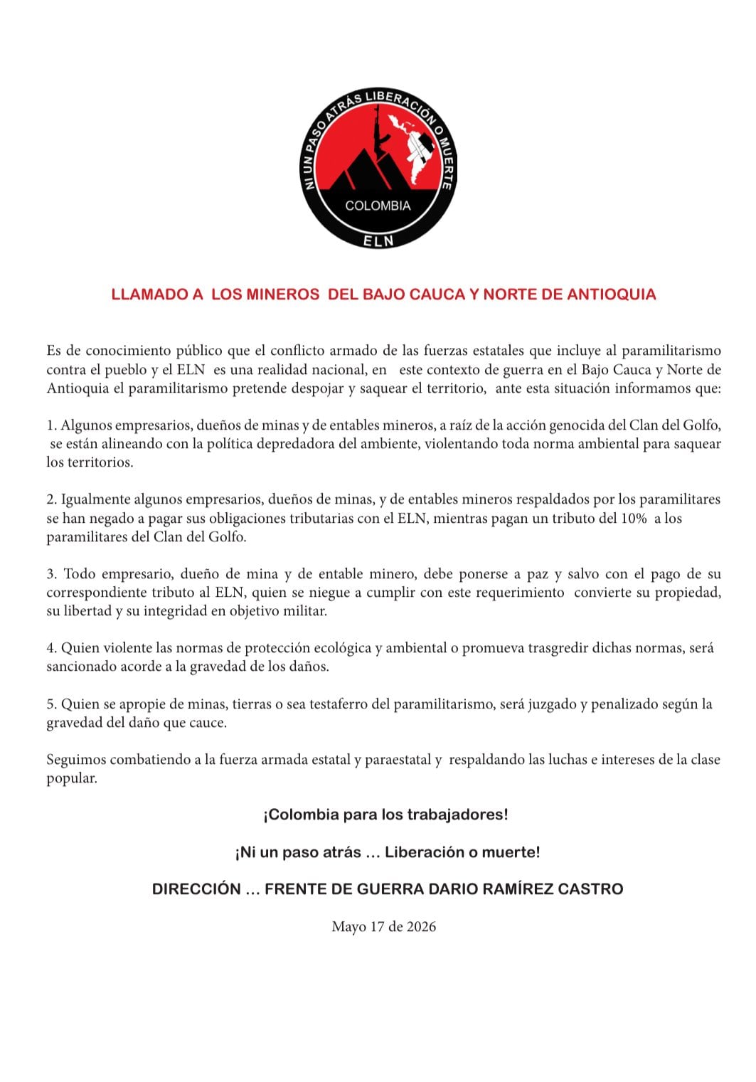El ELN declara objetivo militar a mineros del Norte y Bajo Cauca de Antioquia que rechacen pagos extorsivos - crédito Captura de Pantalla X