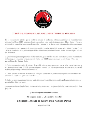 El ELN declara objetivo militar a mineros del Norte y Bajo Cauca de Antioquia que rechacen pagos extorsivos - crédito Captura de Pantalla X