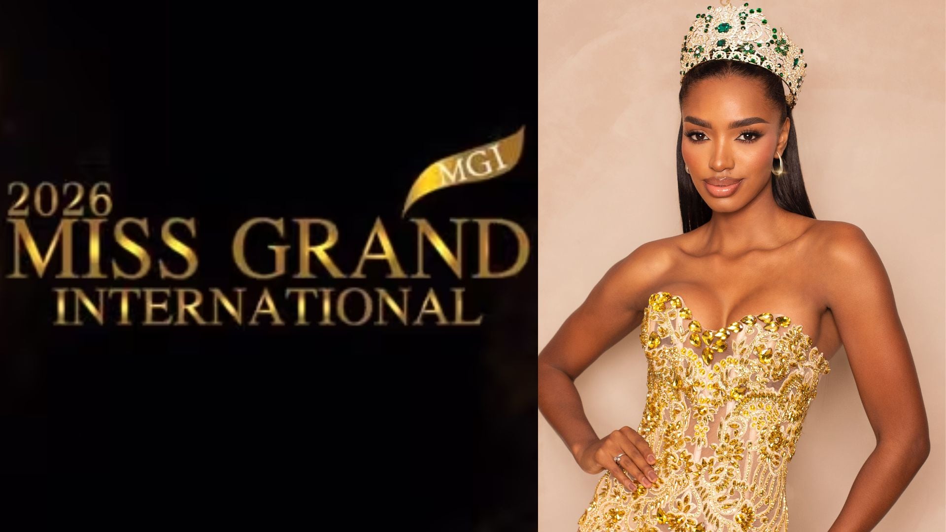 Zuliet Seminario viste un traje dorado con corona junto al logotipo oficial del certamen Miss Grand International 2026.