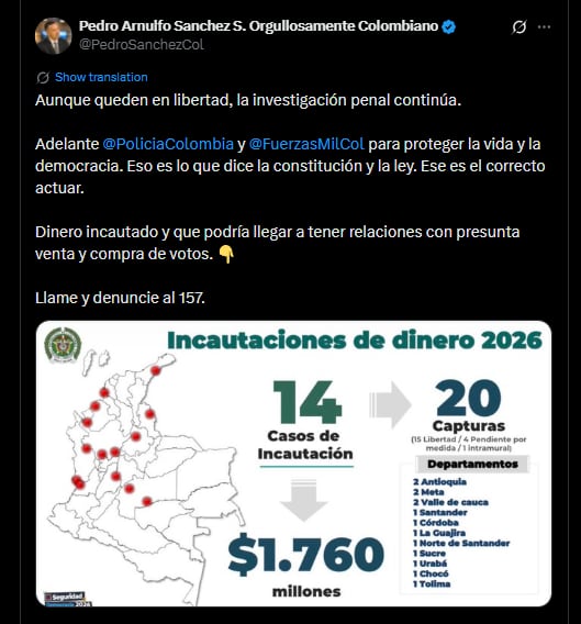 El ministro de Defensa, Pedro Arnulfo Sánchez, comunicó incautaciones posiblemente asociadas a delitos electorales - crédito @PedroSanchezCol/X