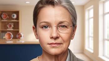 Retrato dividido con medio rostro de un niño a la izquierda y medio rostro de un adulto mayor con anteojos a la derecha en un consultorio.