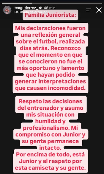 El ídolo del Junior se disculpó con la gente tras sus declaraciones en AS-crédito @teogutierrez_/Instagram