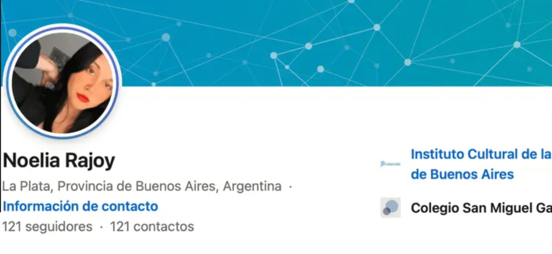 Una captura de pantalla muestra el perfil de Noelia Rajoy en una red social, señalada como la falsa abogada que operaba en La Plata (Facebook)