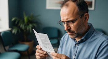 Un hombre con gafas y camisa azul sostiene un papel doblado con texto e ilustraciones. Al fondo se ven sillas y una planta en una habitación.