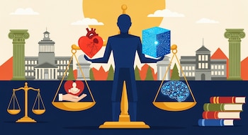 Ilustración con figura azul que sostiene un corazón rojo y un cubo digital azul. Balanza con mano, corazón y cerebro artificial. Edificios, columnas y libros en el fondo.