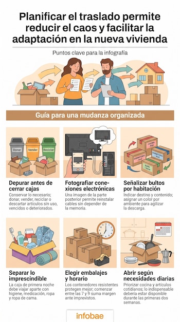Infografía ilustrada con seis cuadros que muestran cajas etiquetadas, un teléfono fotografiando un televisor, objetos personales y un reloj.