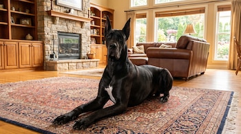 Un Gran Danés negro con pecho blanco yace en el suelo de madera sobre una alfombra estampada. Al fondo, una chimenea de piedra, estanterías y grandes ventanas.