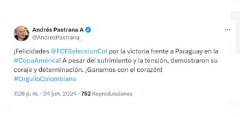 Andrés Pastrana celebró el triunfo de la selección Colombia en su debut en la Copa América 2024 - crédito @AndresPastrana_ / X