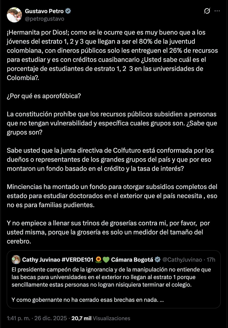 El primer mandatario sostuvo que el 74% de los recursos ha sido destinado a personas de estratos 4, 5 y 6, y los dos últimos concentran el 41% del total, pese a ser minoría - crédito @petrogustavo/X