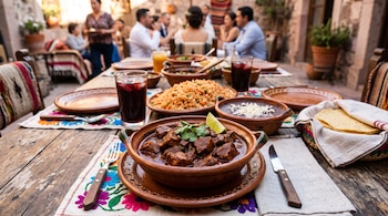 Cazuelas de barro con guisado de carne, arroz, frijoles y vasos con bebida sobre manteles bordados en una mesa de madera.