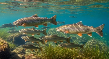 Un grupo numeroso de truchas de lago nadando bajo la superficie del agua. El lecho del lago muestra rocas y abundante vegetación acuática verde.