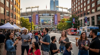 Una multitud de personas consume bebidas en la vía pública de Atlanta, con edificios de ladrillo a los lados y un estadio de fútbol en el fondo.