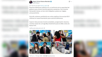 Captura de pantalla de un tuit del alcalde Mamdani. Muestra cuatro fotos de personas en bibliotecas y un mostrador con el letrero 'Everyone is Welcome Here'