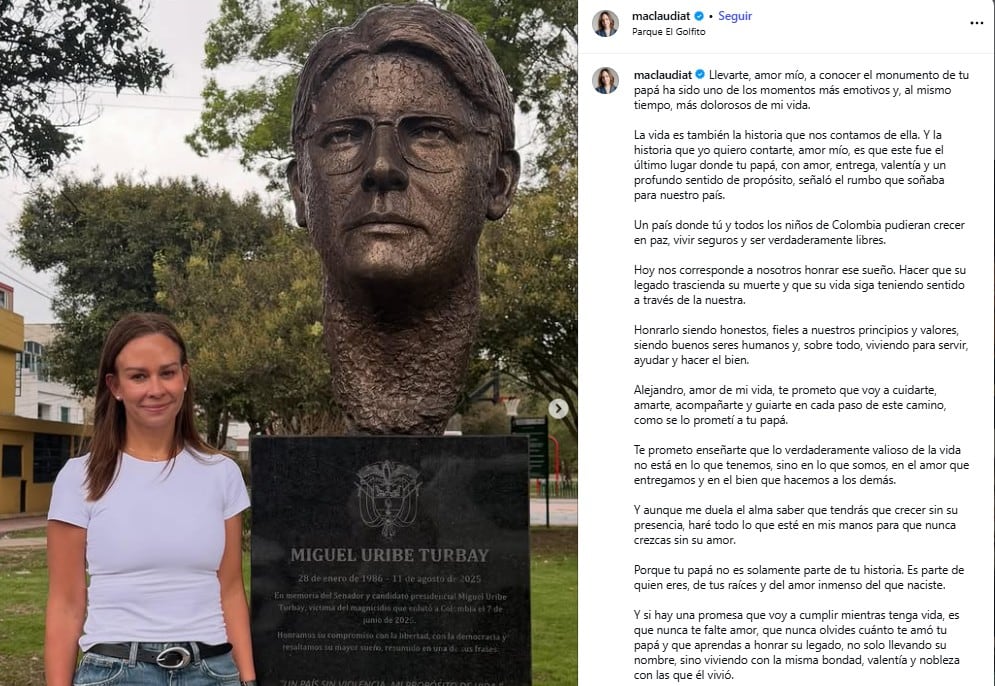 María Claudia Tarazona llevó a su hijo al monumento de Miguel Uribe Turbay y habló de su legado - crédito @maclaudiat/Instagram