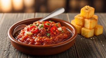 Cuenco de cerámica con salsa roja, rodajas de chile rojo, ajo y perejil. Al lado, cubos de patata frita sobre una mesa de madera.