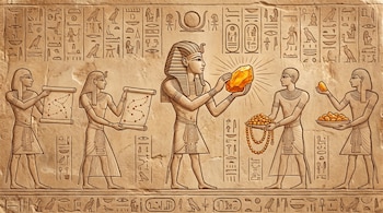 Un relieve tallado en piedra muestra a seis figuras egipcias, un faraón con un ámbar brillante, otras sostienen mapas, collares y cuencos con ámbar, con jeroglíficos arriba y abajo.