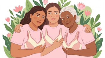 Ilustración de tres mujeres salvadoreñas con camisetas rosas abrazadas, sosteniendo sostenes anatómicos especiales, con fondo de hojas y flores rosas.