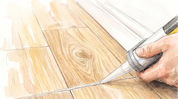 Ilustración en acuarela de una mano que sostiene una pistola de calafateo para aplicar sellador en la junta de un piso de madera.