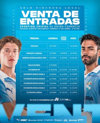 Precios de las entradas para el Sporting Cristal vs Unión Comercio por Copa de la Liga 2026.