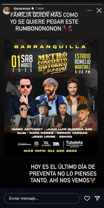 El metro concierto en Barranquilla dará inicio oficial a las celebraciones del Carnaval en marzo próximo - crédito danarenas / Instagram