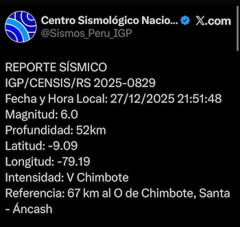 Detalles del temblor con epicentro
